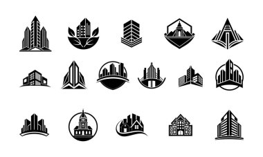 Şehir binaları simgesi seti, basit biçim