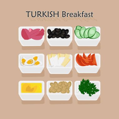 Türk kahvaltısı. Türk mutfağı. Türk yemeği. Hindi. Yiyecekler. Ulusal yemek (sebze, zeytin, bal, ekmek, peynir, sosis, yumurta). Tabakta Türk kahvaltısı.