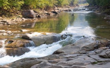 Ukrayna 'daki Karpat Dağları' nda küçük bir şelalesi olan dağ nehri.