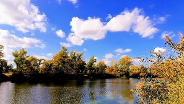 Sonbahar ormanında gökyüzünün ve bulutların yansımasıyla mavi gölet.