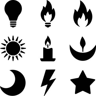 Ampul Simgeleri - kamera simgesi - mikrofon glph simgesi - İnsan beyni simgesi - Kalp Simgesi - Cep telefonu simgesi - Ev simgesi - Hepsi VECTOR Illustration LCON beyaz arkaplan.