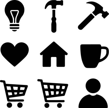 Ampul Simgeleri - kamera simgesi - mikrofon glph simgesi - İnsan beyni simgesi - Kalp Simgesi - Cep telefonu simgesi - Ev simgesi - Hepsi VECTOR Illustration LCON beyaz arkaplan.
