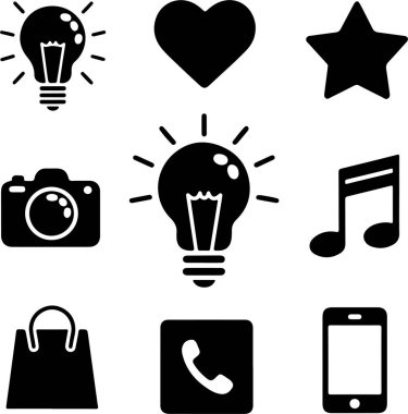 Ampul Simgeleri - kamera simgesi - mikrofon glph simgesi - İnsan beyni simgesi - Kalp Simgesi - Cep telefonu simgesi - Ev simgesi - Hepsi VECTOR Illustration LCON beyaz arkaplanı. V