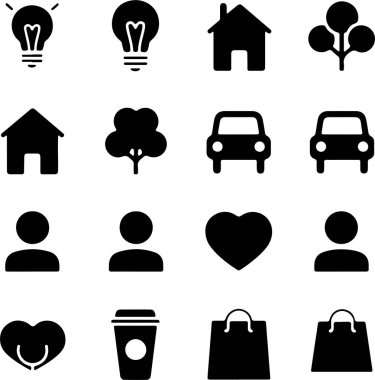 Ampul Simgeleri - kamera simgesi - mikrofon glph simgesi - İnsan beyni simgesi - Kalp Simgesi - Cep telefonu simgesi - Ev simgesi - Hepsi VECTOR Illustration LCON beyaz arkaplanı. V