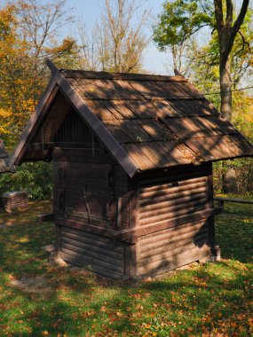 Sonbahar orman içinde ahşap kabin