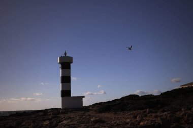 Balear Adaları kıyısındaki deniz feneri. Gökyüzündeki martı deniz feneri çizgili siyah beyaza boyandı. Gökyüzündeki deniz feneri. 