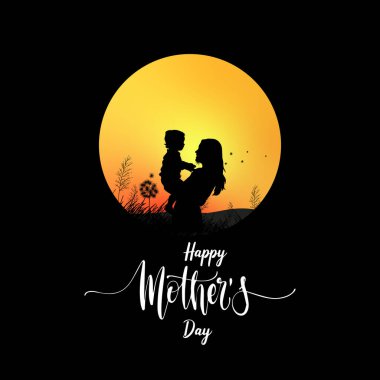 Anne ve Çocuk Silueti, Anneler Günü Günbatımı Vektör Sanatı