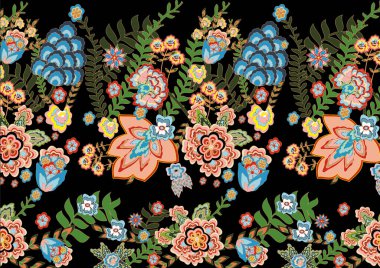 Suluboya ve mürekkep çiçekleri, yaprakları, desensiz siluetteki yabani otları. Şakayık, anemon, ranunculus, köpek gül dalı, çayır otları, tek renkli Hint süsü