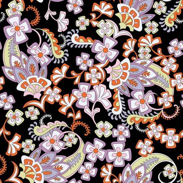 水彩とインクのドアの花 ペイズリーシルエットのシームレスなパターン上の雑草 イソギンチャク ランヌクルス 犬バラの枝 草原のハーブ モノクロームのインドの装飾と花の背景 — ストック写真