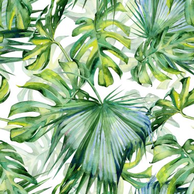 Tropikal yapraklı suluboya deseni. El boyası yeşil yapraklar ve palmiye dalları.