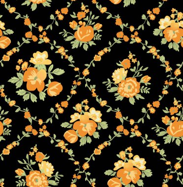 Koyu arkaplanda sarı ve siyah çiçekli kusursuz desen. El çizimi suluboya çizimi. Tekstil, duvar kağıdı, kumaş, ambalaj kağıdı, ağ için