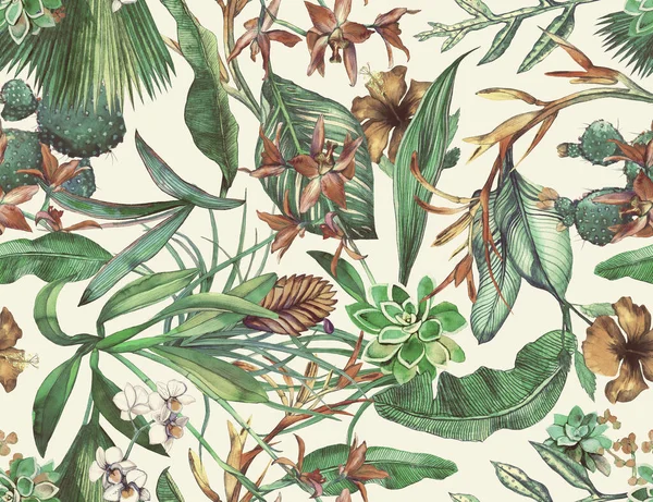 Tropikal bitki ve çiçeklerle suluboya desen