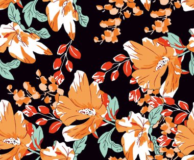 Çiçeklerle kusursuz desen. Çiçek izi. vektör illüstrasyonu.