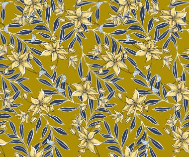 Sarı, siyah ve beyaz yapraklı çiçeksiz desen. suluboya resimleme.