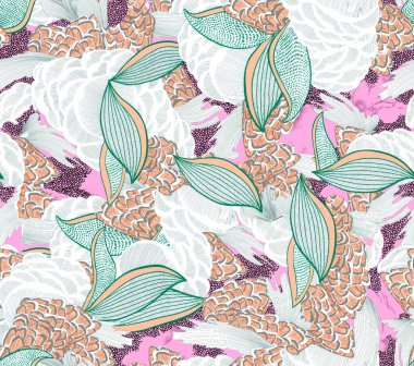 Renkli tropikal çiçekler ve yapraklarla, el çizimi vektör çizimi.