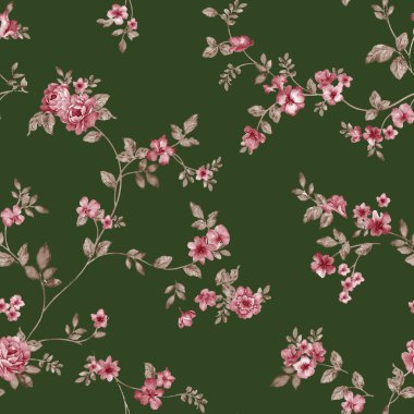 Çiçeksel elementleri ve koyu arkaplanda yaprakları olan dikişsiz suluboya desen. Klasik botanik arkaplan.