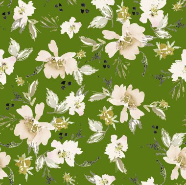 Yeşil arka planda çiçekler ve yapraklarla kusursuz desen