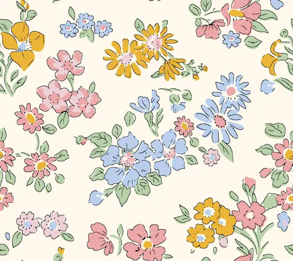 Çiçekler ve yapraklarla kusursuz bir desen. Çiçek illüstrasyonu.