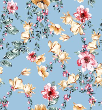 Renkli yapraklarla suluboya desenli. Çiçeksel botanik geçmişi. Herhangi bir tasarım için kusursuz desen.