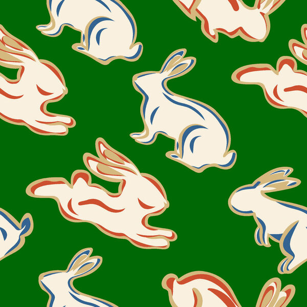 плавный узор с кроликами и пасхальными яйцами. вектор.