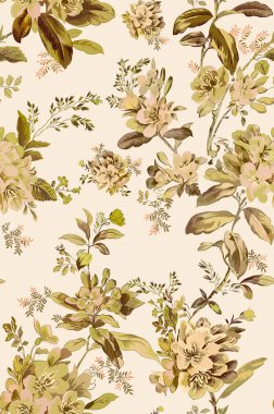 Çiçeksiz suluboya desen. Kahverengi arka planda çiçekler ve yapraklar. suluboya resimleme.