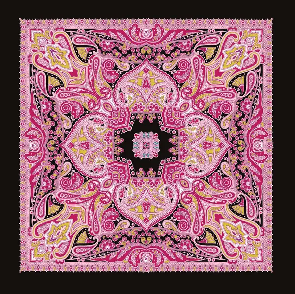 Siyah arkaplanda mandala deseni ve kare şeklinde pembe bir çiçek..