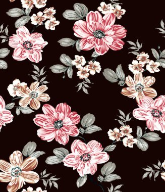 Çiçekler ve yapraklarla kusursuz bir desen. Çiçek elementleri