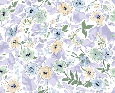 Güzel suluboya çiçekleri, yaprakları ve dalları olan kusursuz bir desen.