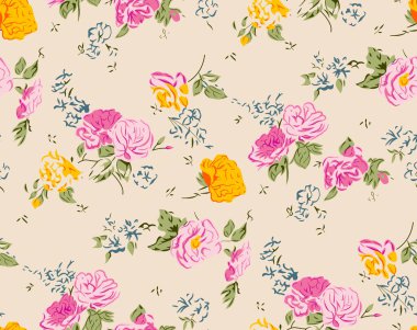 Çiçekler ve yapraklarla kusursuz desen, vektör arkaplan