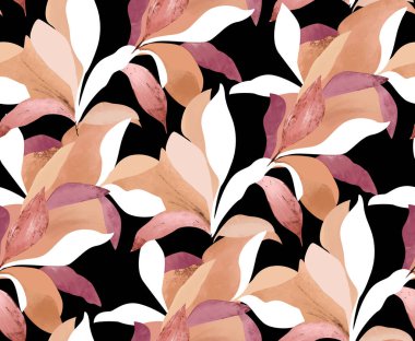 Pembe, turuncu ve siyah renklerde kusursuz tropikal desen.