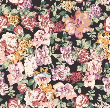 Güzel gülleri, çiçekleri ve yaprakları olan kusursuz çiçek desenleri, suluboya el çizimleri