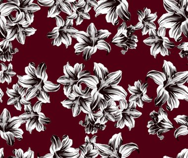 Siyah arka planda el çizimi kırmızı çiçekler olan kusursuz çiçek deseni..