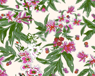 Elle çizilmiş tropikal bitki ve çiçeklerle kusursuz desen.