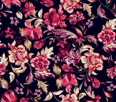 Çiçeklerin ve yaprakların kusursuz deseni, çiçek çizimleri.