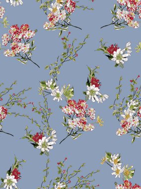 Çiçekli çiçek deseni, mavi arkaplanda suluboya çizimi