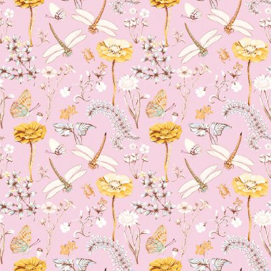 Sulu boya deseni, çiçekler, kelebekler, yapraklar, kelebekler. El çizimi illüstrasyon.