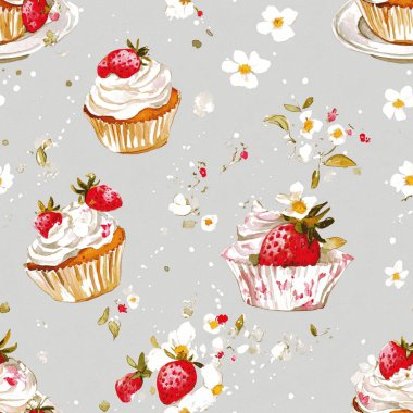 Çilekli suluboya desenli krema, krema, kek, kek, kek. el çizimi suluboya arkaplan