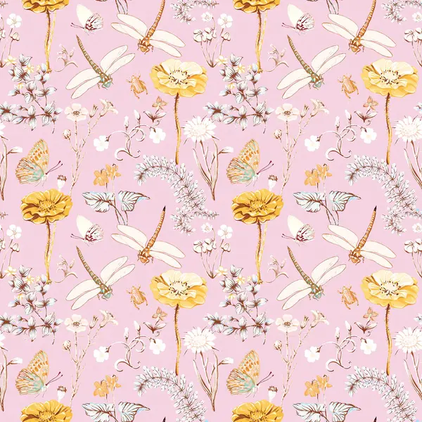 Sulu boya deseni, çiçekler, kelebekler, yapraklar, kelebekler. El çizimi illüstrasyon.