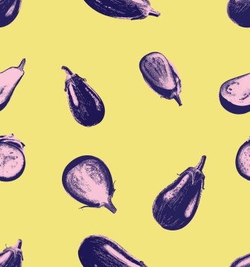 Değişik yönlerde stilize edilmiş mor patlıcanların, koyu sarı bir zemine dayandığı canlı, pürüzsüz bir desen. Patlıcanlar gerçekçi ve sanatsal suluboya dokuların karışımıyla gösteriliyor, parlak derilerini sergiliyorlar..