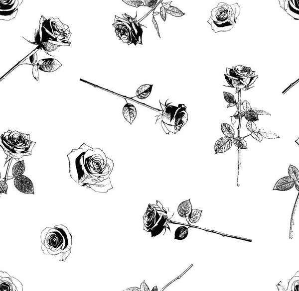 Хаотичная цветочная композиция ярко-красных розовых иллюстраций над пастельно-розовым основанием яркий контраст и причудливый винтажный стиль. Розы изображены в различных стадиях цветения, некоторые с полными лепестками, а другие в виде бутонов, сопровождаемые листьями и стеблями.