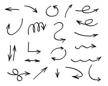 Çeşitli stil ve şekillerde elde çizilmiş 21 adet siyah vektör oku koleksiyonu. Düz, kıvrımlı, zikzak çizen ve döngülü tasarımlar içerir. Bazı oklar tek yönlü noktalara sahipken, diğerleri çift yönlü şekiller sergiliyor. 