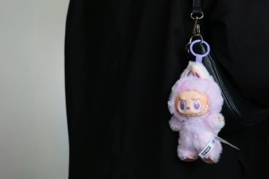 Rumia, Polonya - 16 Ağustos 2025: Yumuşak pastel tonlarda Labubu pelüş bebeği, sevimli pofuduk karakter, popüler çocukluk fantezi figürü, şık moda maskotu.