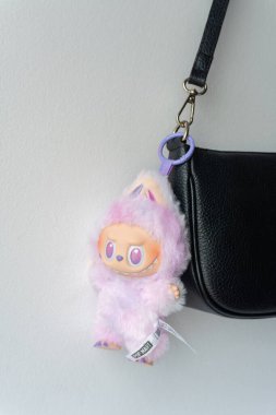 Rumia, Polonya - 16 Ağustos 2025: Labubu oyuncak bebek pelüş anahtarlık, pastel renklere sahip sevimli pofuduk tasarımcı karakter, sanat, hediye ve moda aksesuarları için popüler koleksiyon figürü.