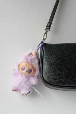 Rumia, Polonya - 16 Ağustos 2025: Fluffy Labubu bebek karakteri, Pastel pelüş mini oyuncak rüya gibi detaylar, özel koleksiyon figürü.