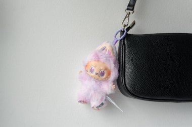 Rumia, Polonya - 16 Ağustos 2025: Sevimli Labubu anahtarlık pelüş, renkli pastel kürklü el yapımı oyuncak, yaratıcı modern sanat koleksiyonu.