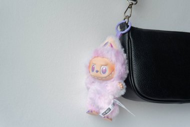 Rumia, Polonya - 16 Ağustos 2025: Şirin Labubu pelüş bebek anahtarlığı, yumuşak pastel fantezi maskotu, çocuklar ve koleksiyoncular için sınırlı sayıda üretilmiş bir oyuncak.