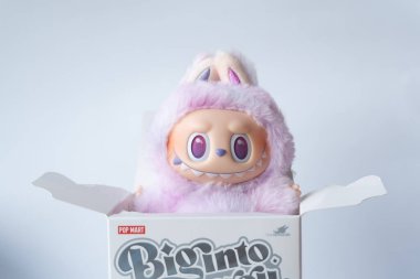 Rumia, Polonya - 16 Ağustos 2025: Şirin Labubu pelüş bebeği, renkli yumuşak pastel fantezi karakteri, büyülü ve seçkin koleksiyon figürü.