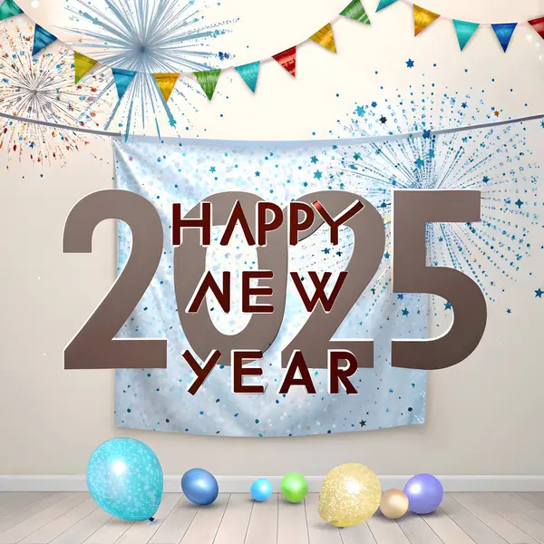 2025 Yeni Yıl, Mutlu Yıllar, parti dekorasyonları, şenlikli zemin, renkli balonlar, metalik numaralar, havai fişek gösterisi, bayram kutlaması, parti havası, ışıltılı tasarım, modern yeni yıl teması, geri sayım dekorasyonu, canlı dekorasyon.