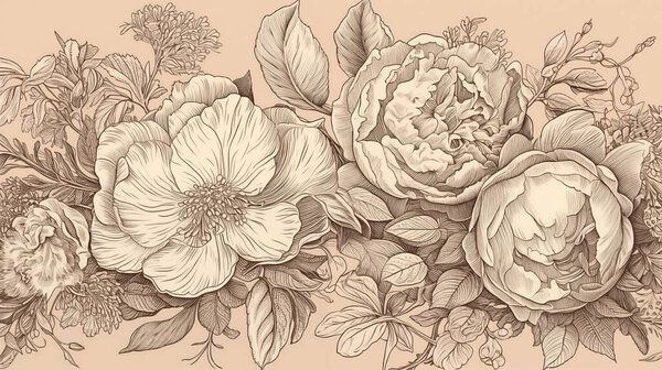 A beautifully detailed vintage illustration of blooming flowers and lush leaves in soft pastel shades. This artwork combines classical aesthetics with intricate botanical elements, evoking nostalgia.
