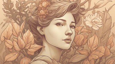 Yapraklar ve çiçekler de dahil olmak üzere doğadan esinlenilmiş elementlerin arasında kalan bir kadının çarpıcı bir klasik tasviri. Bu sanat eseri yumuşak, dünyevi tonlarla detaylandırılmış, zamansız zarafeti çağrıştırıyor..